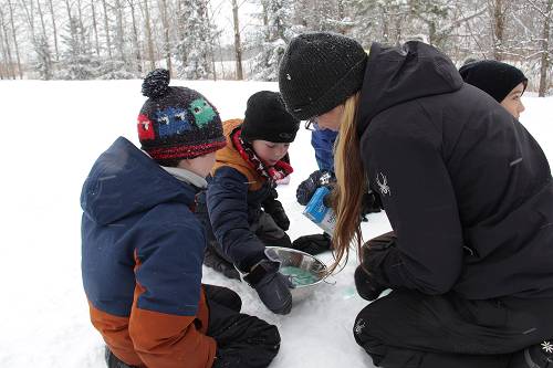 Animatrice accroupie dans la neige avec deux enfants examinant ensemble un spécimen dans un contenant transparent lors d'une exploration de la nature en hiver